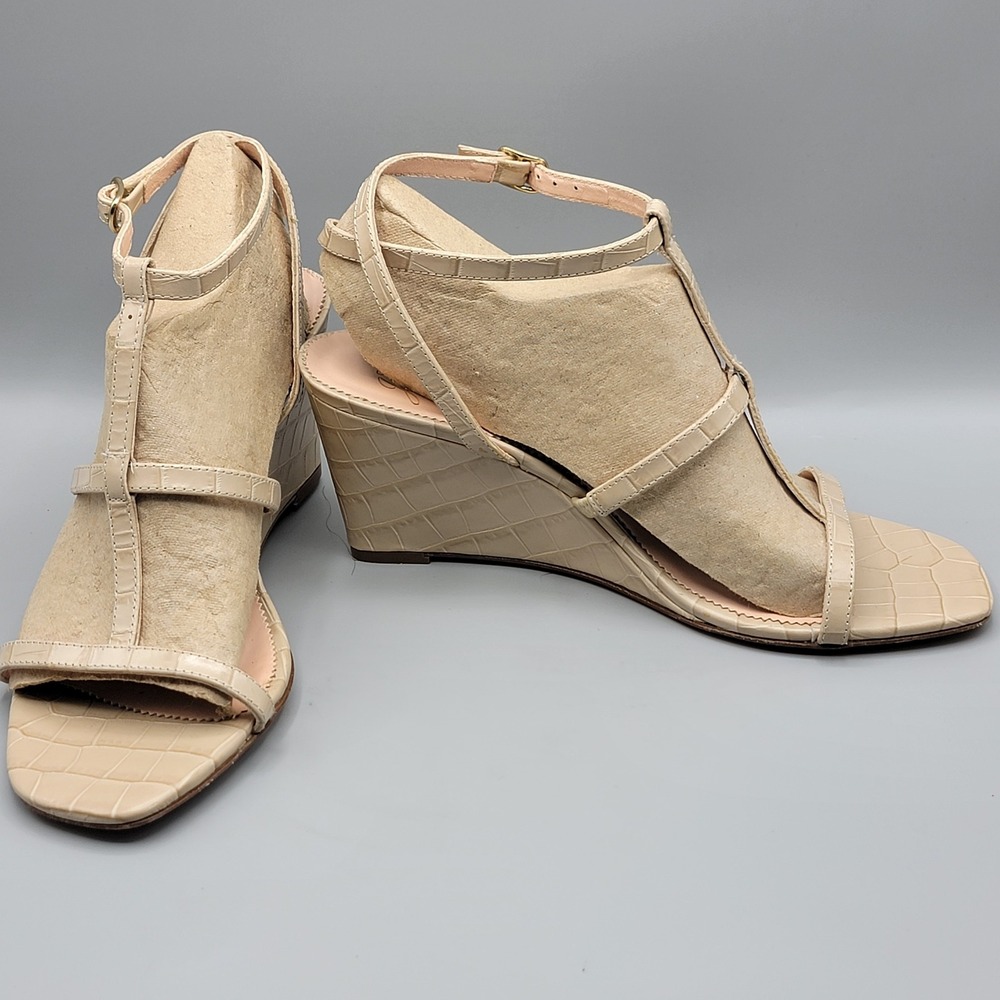 J.Crew Womens Beige Croc Embossed Leather T-Strap Wedge Sandals Size 9